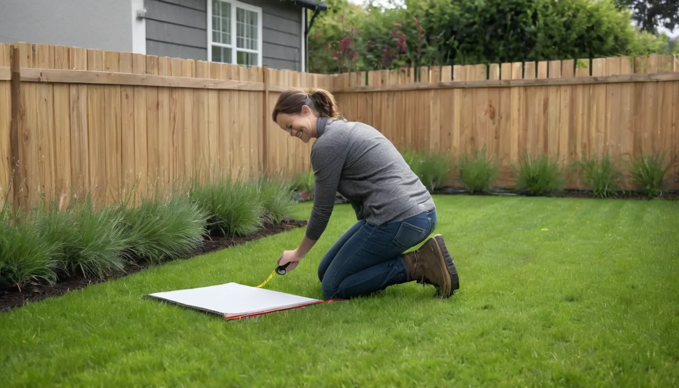 Homeowner measuring a backyard space for a new concrete patio in the Hubbard area